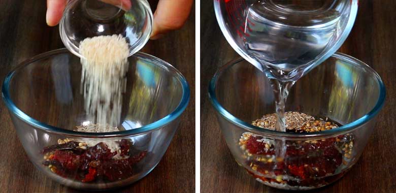 A and B: A hand is seen tipping raw rice from a small glass bowl into a bigger glass bowl with red chillies in it on the left and water being added to cover to the same bowl on the right - - Malvani Green Peas and Walnut Curry Recipe